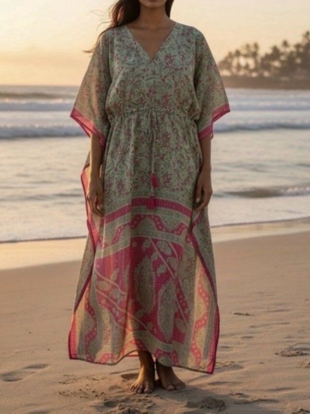 Dolma Kaftan Green Pink Maxi Lightweight Floral Paisley